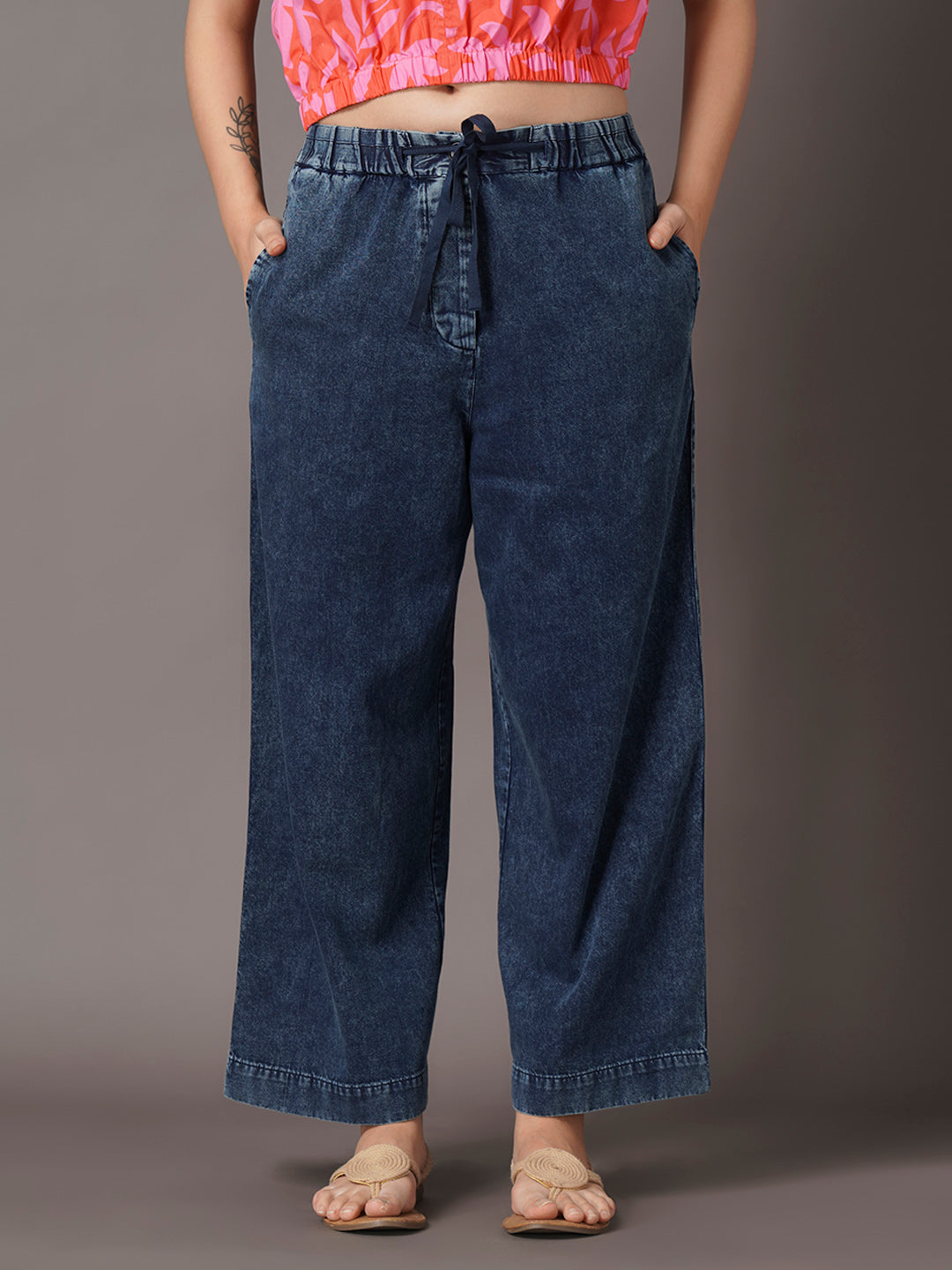 Women's Denim Blue 100% Cotton Straight Fit Pant