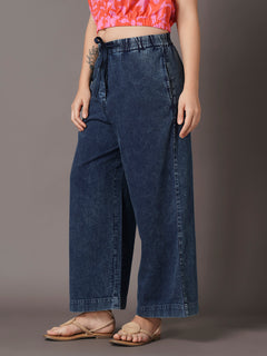 Women's Denim Blue 100% Cotton Straight Fit Pant