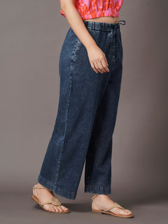 Women's Denim Blue 100% Cotton Straight Fit Pant