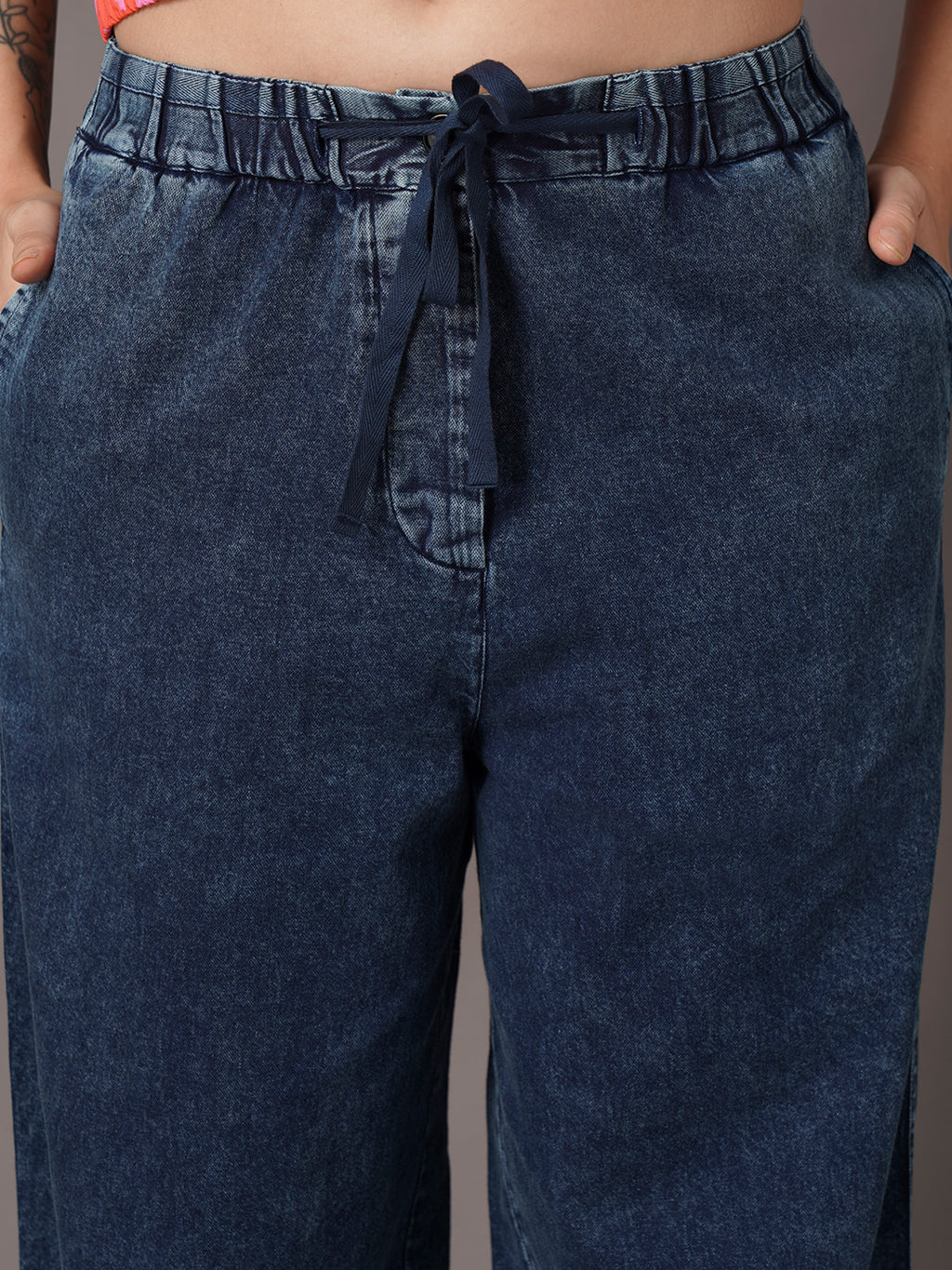 Women's Denim Blue 100% Cotton Straight Fit Pant