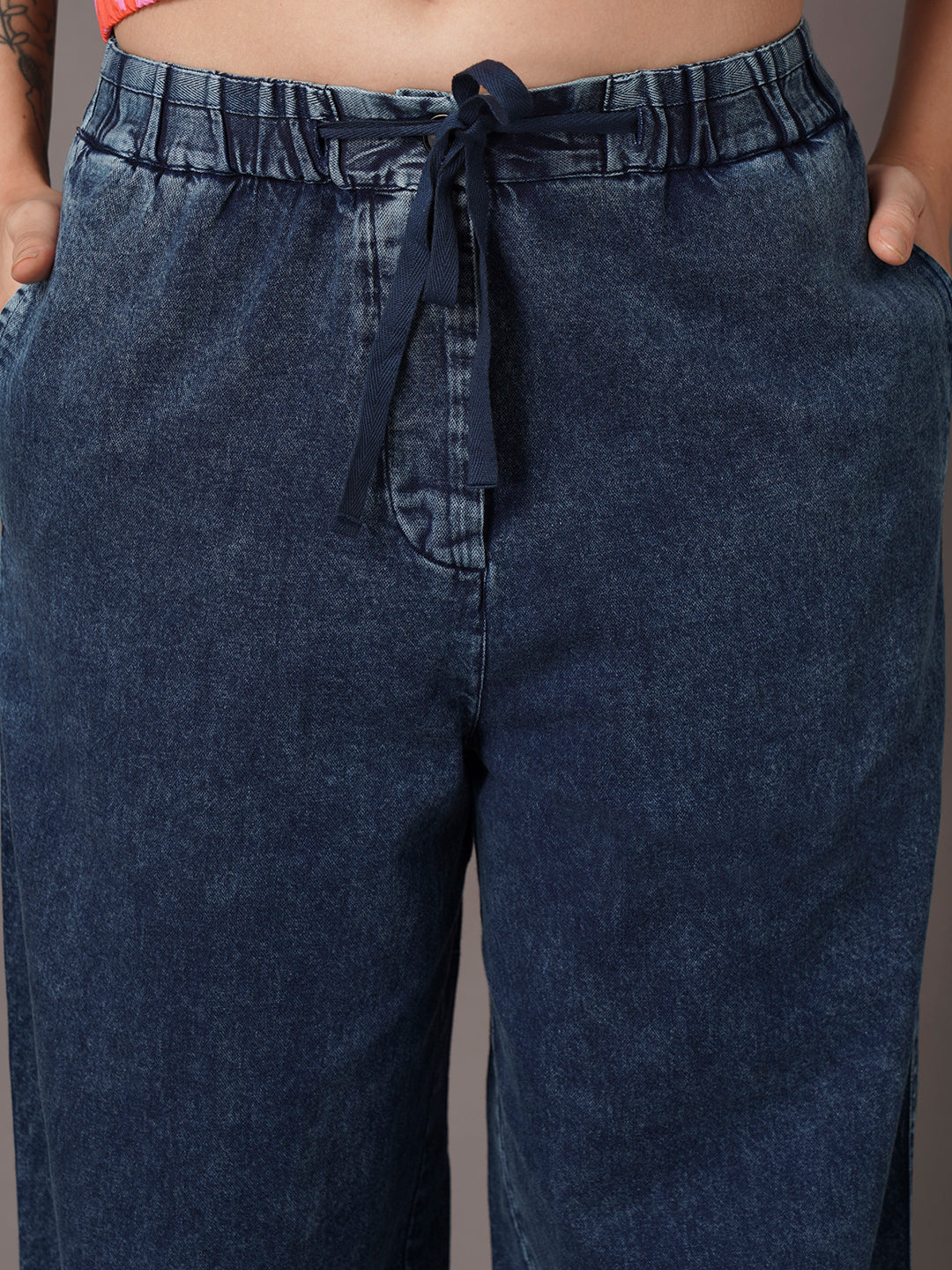 Women's Denim Blue 100% Cotton Straight Fit Pant