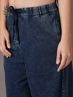 Women's Denim Blue 100% Cotton Straight Fit Pant