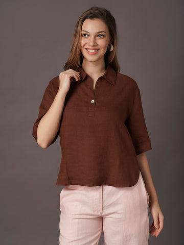 Women's 100% Linen Boxy Fit Blouse Brown