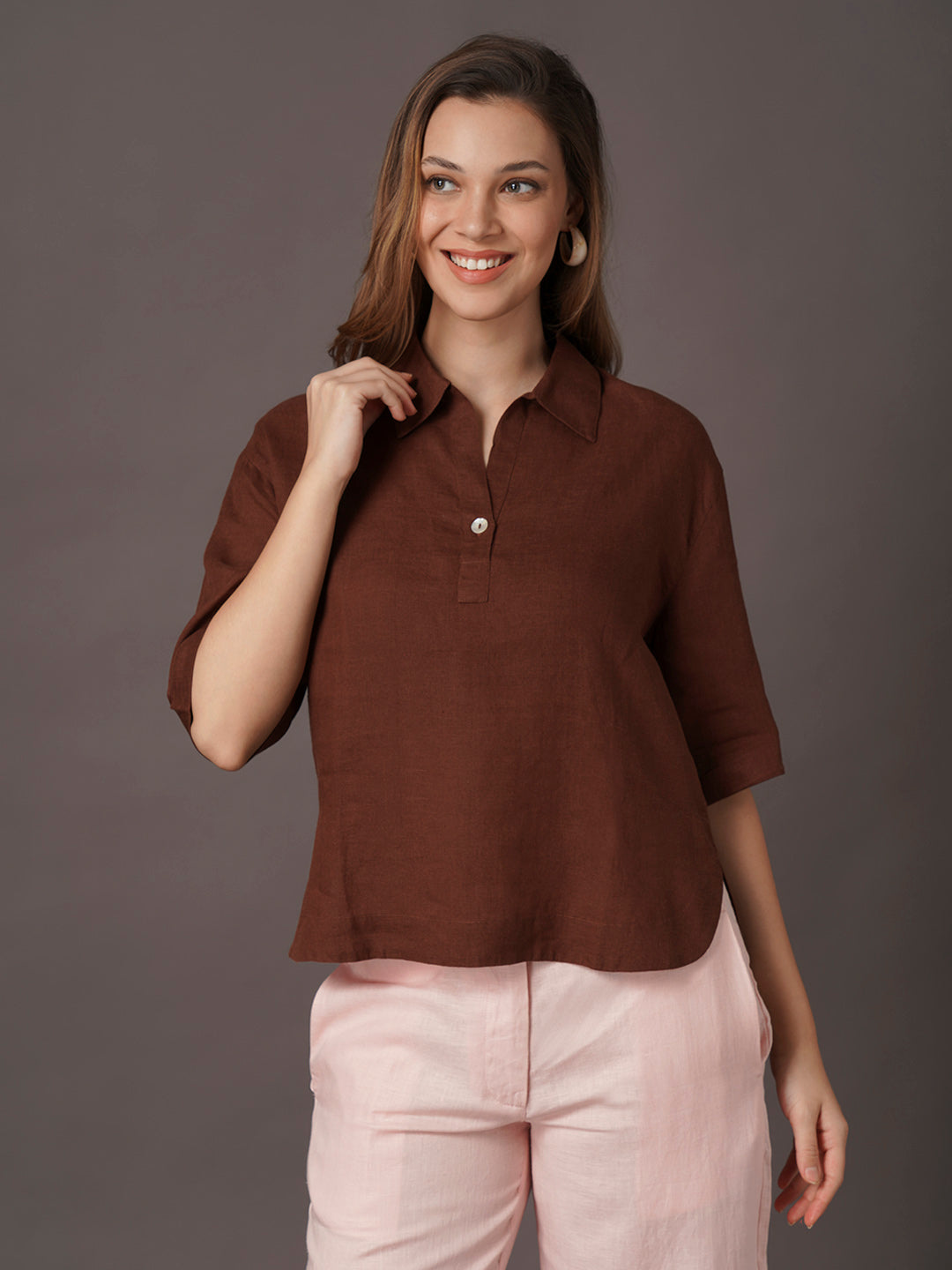 Women's 100% Linen Boxy Fit Blouse Brown