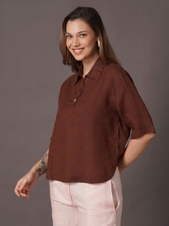 Women's 100% Linen Boxy Fit Blouse Brown
