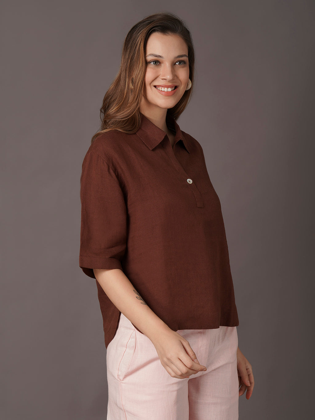 Women's 100% Linen Boxy Fit Blouse Brown