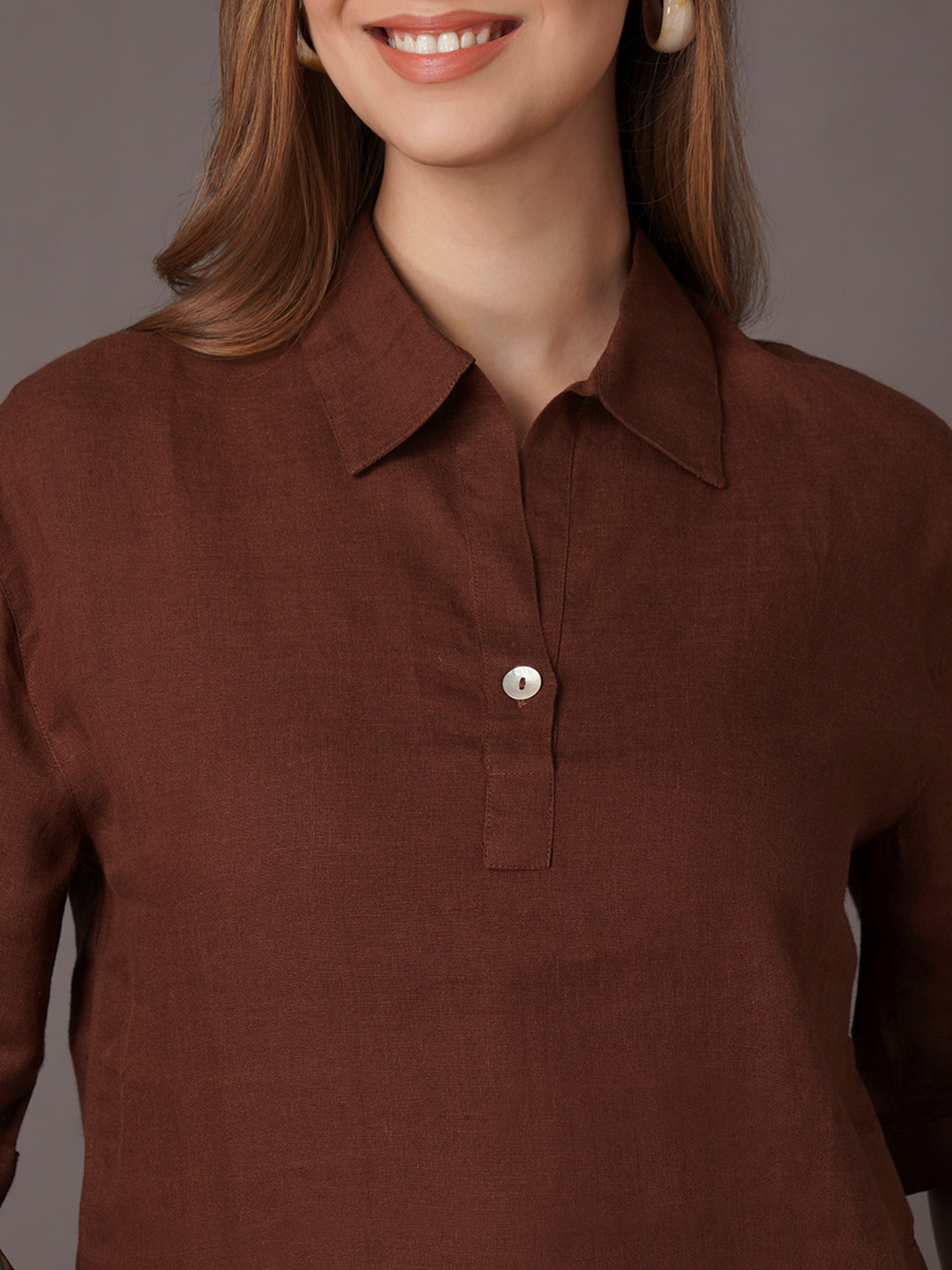 Women's 100% Linen Boxy Fit Blouse Brown