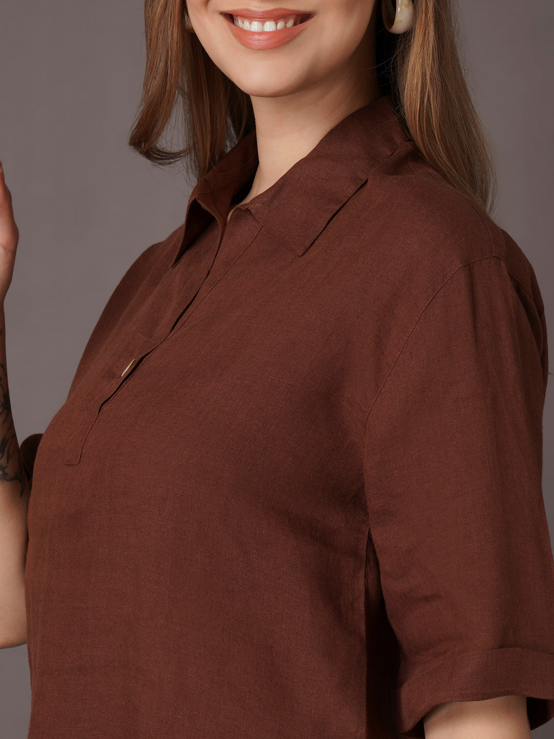 Women's 100% Linen Boxy Fit Blouse Brown