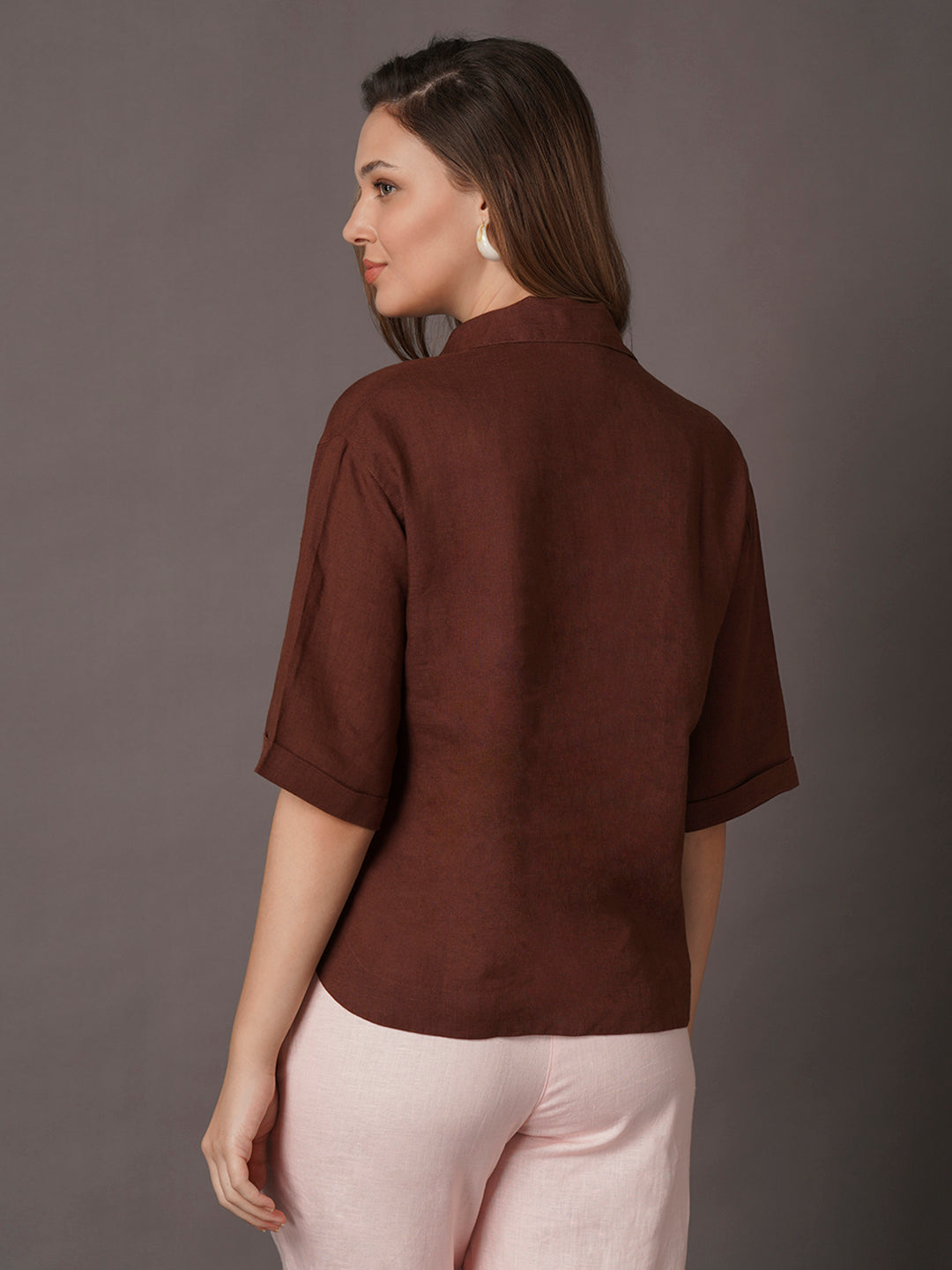 Women's 100% Linen Boxy Fit Blouse Brown