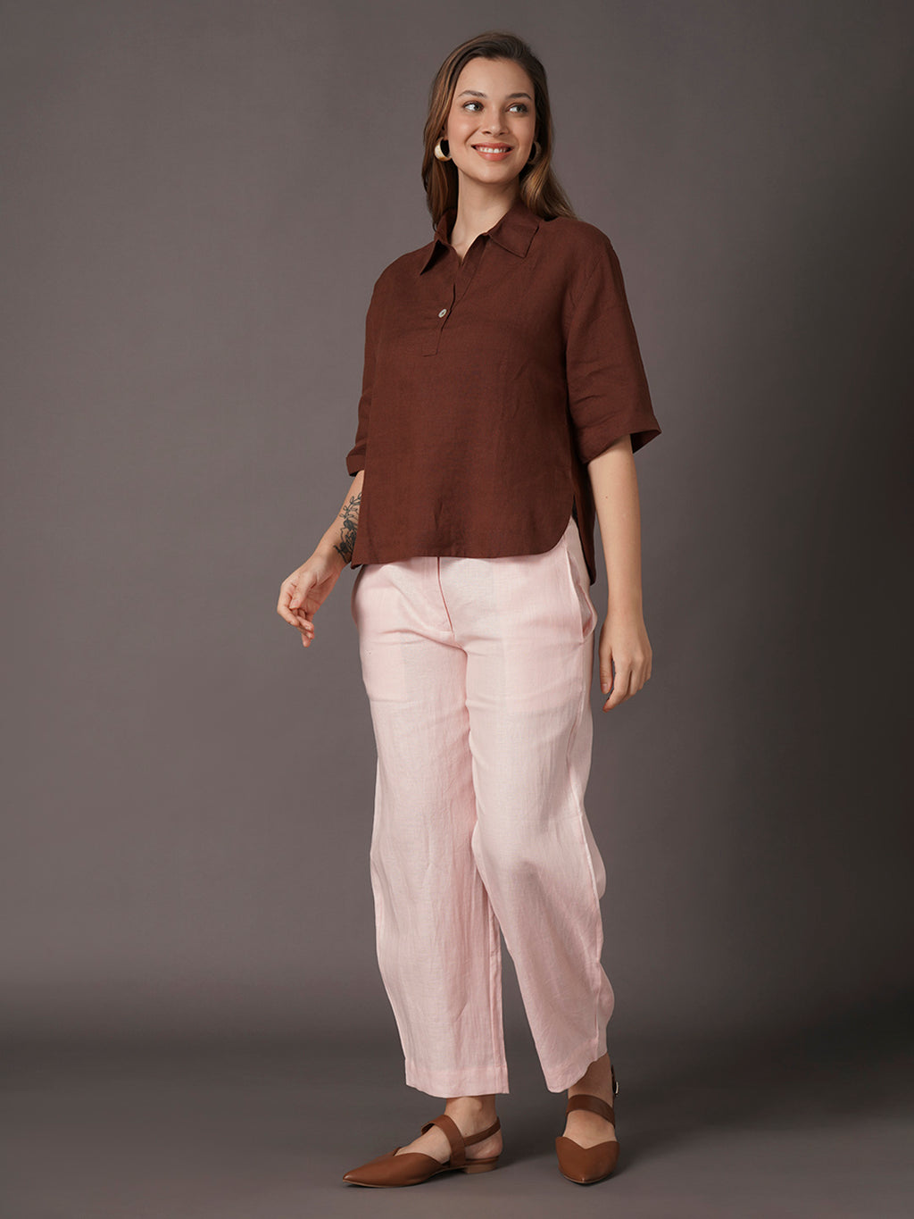 Women's 100% Linen Boxy Fit Blouse Brown