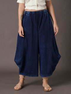 Women's Denim Blue 100% Cotton Wide Leg Pant