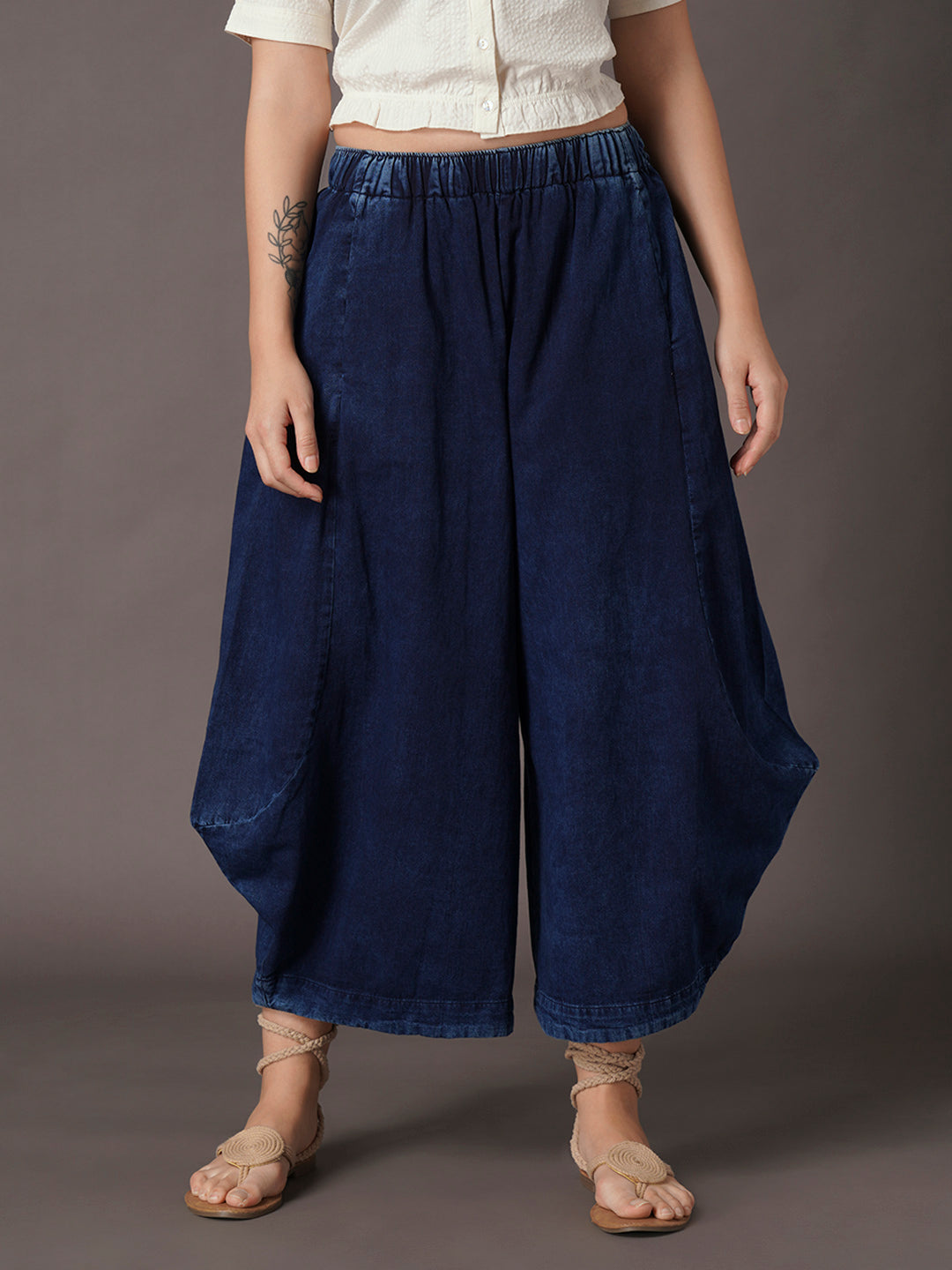 Women's Denim Blue 100% Cotton Wide Leg Pant