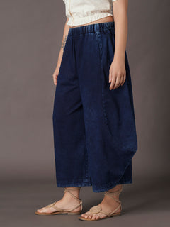 Women's Denim Blue 100% Cotton Wide Leg Pant