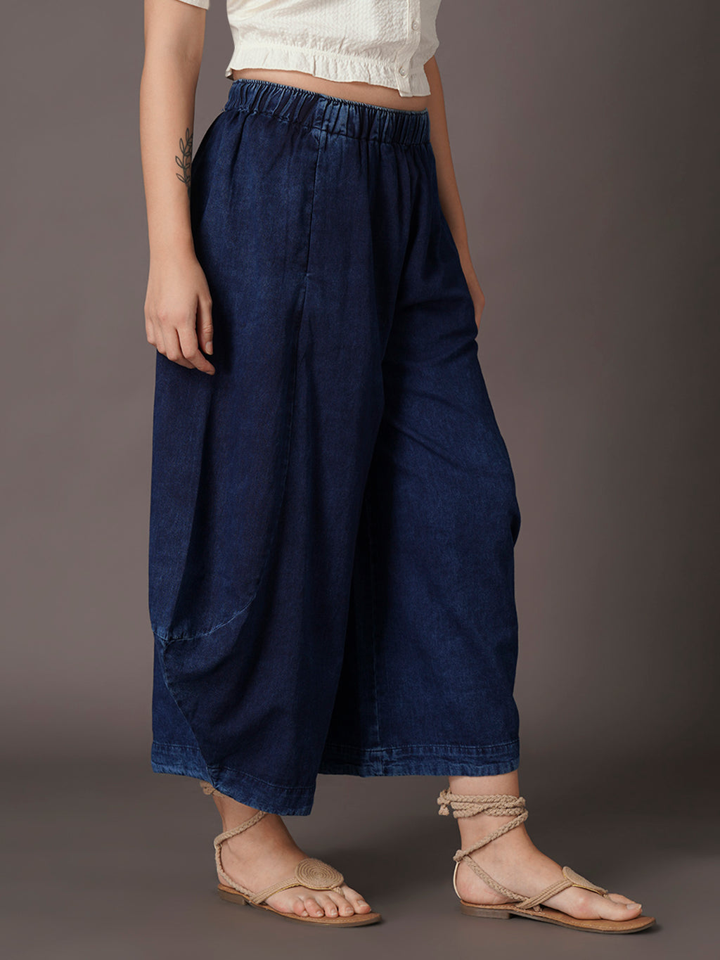 Women's Denim Blue 100% Cotton Wide Leg Pant