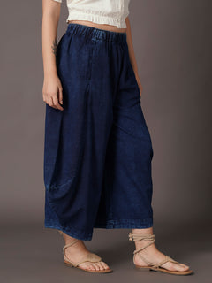 Women's Denim Blue 100% Cotton Wide Leg Pant