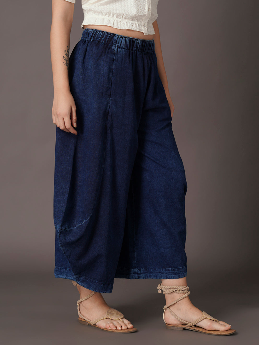 Women's Denim Blue 100% Cotton Wide Leg Pant