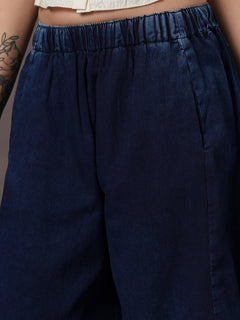 Women's Denim Blue 100% Cotton Wide Leg Pant