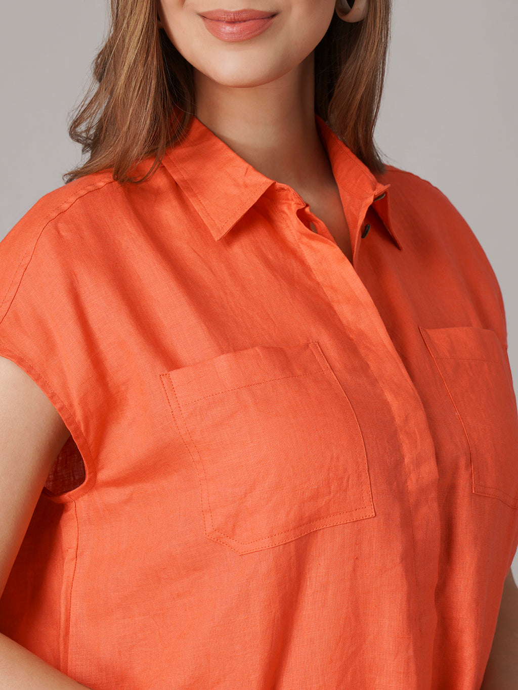 Women's 100% Linen Relax Fit Blouse Orange