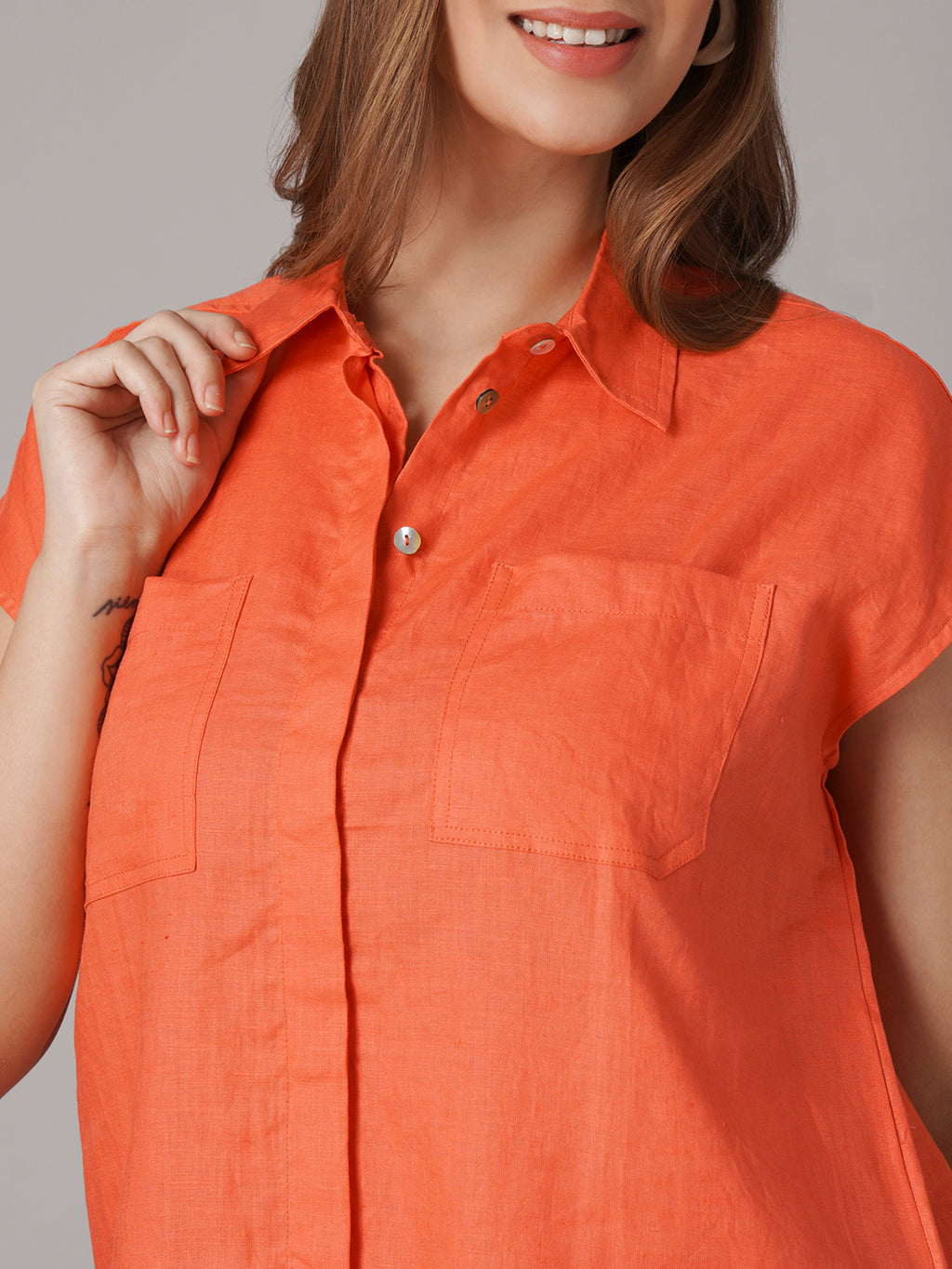 Women's 100% Linen Relax Fit Blouse Orange