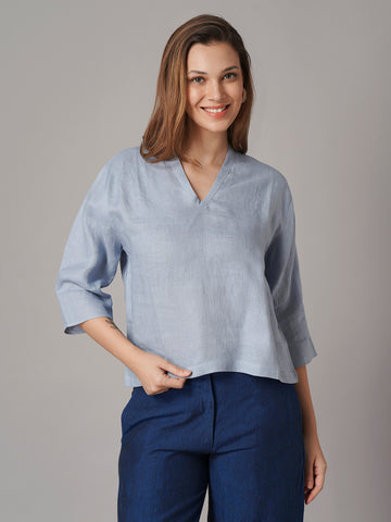 Women's Light Blue 100% Linen Regular Fit Blouse