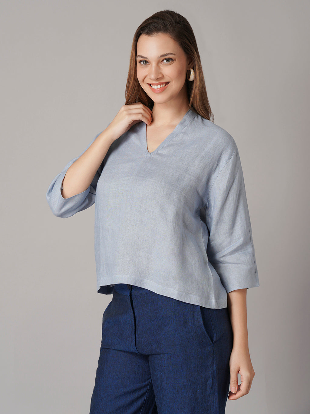 Women's Light Blue 100% Linen Regular Fit Blouse