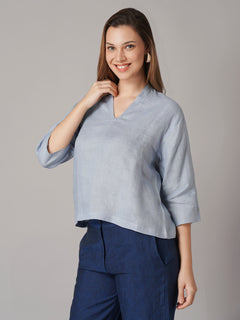 Women's Light Blue 100% Linen Regular Fit Blouse