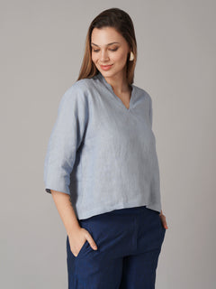Women's Light Blue 100% Linen Regular Fit Blouse