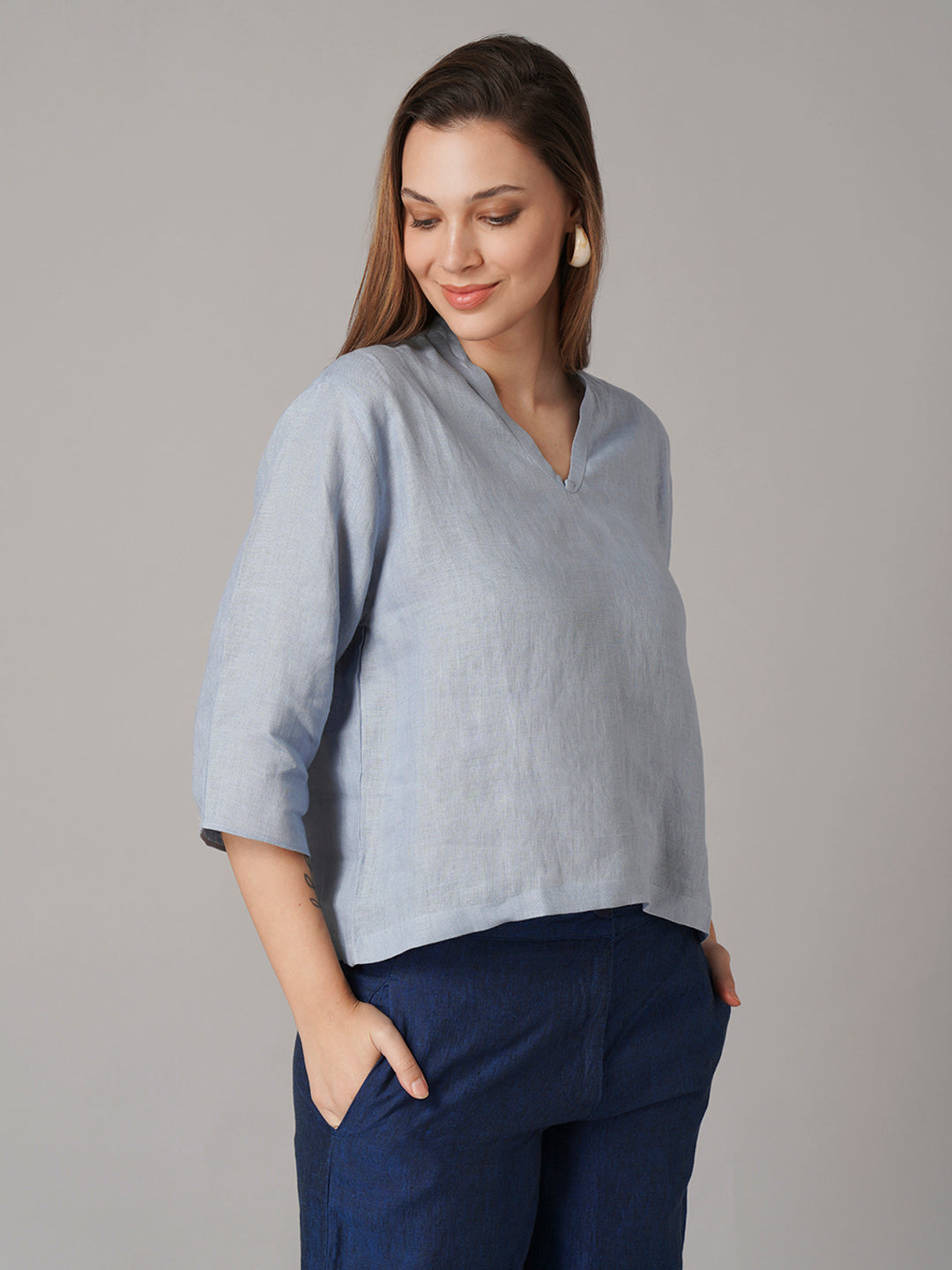 Women's Light Blue 100% Linen Regular Fit Blouse