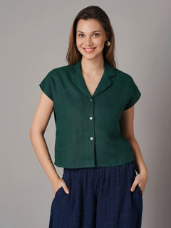 Women's 100% Linen Regular Fit Blouse Green