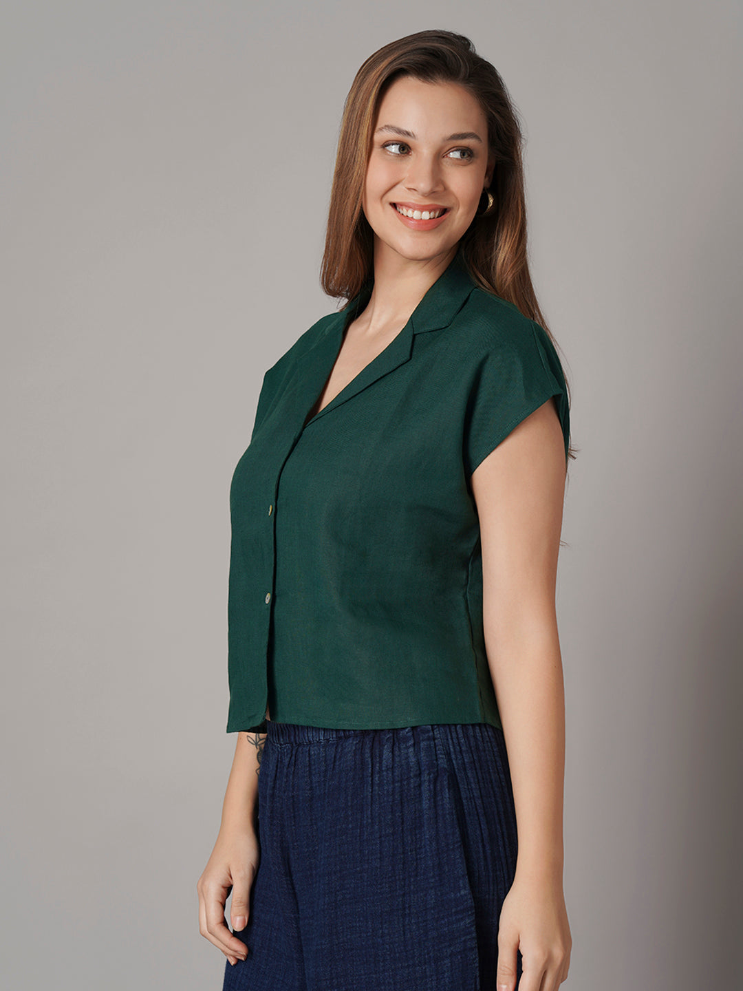 Women's 100% Linen Regular Fit Blouse Green