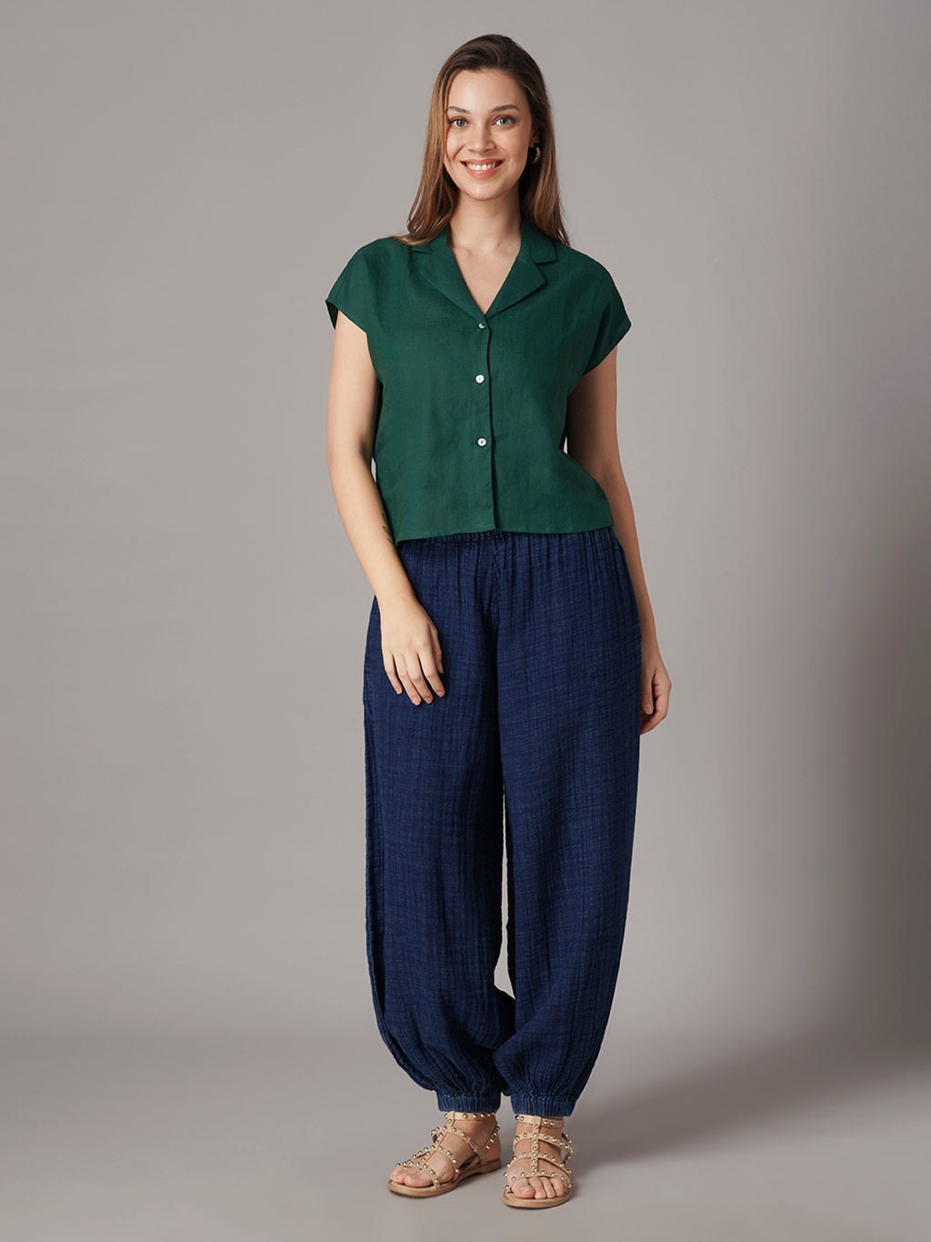 Women's 100% Linen Regular Fit Blouse Green