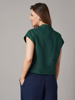 Women's 100% Linen Regular Fit Blouse Green