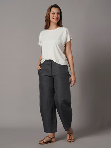 Women's Grey 100% Linen Regular Fit Pant