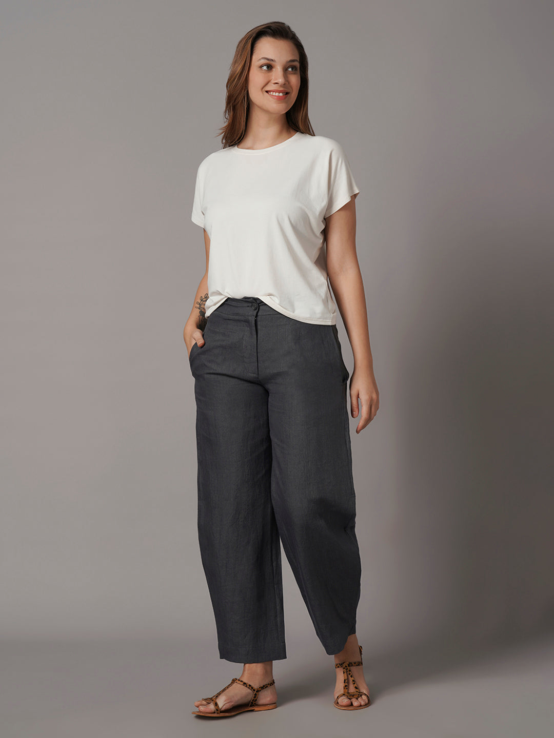 Women's Grey 100% Linen Regular Fit Pant