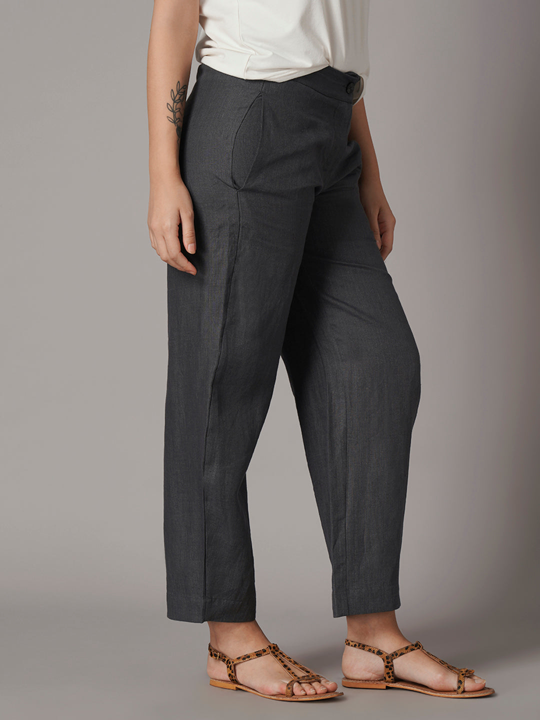Women's Grey 100% Linen Regular Fit Pant