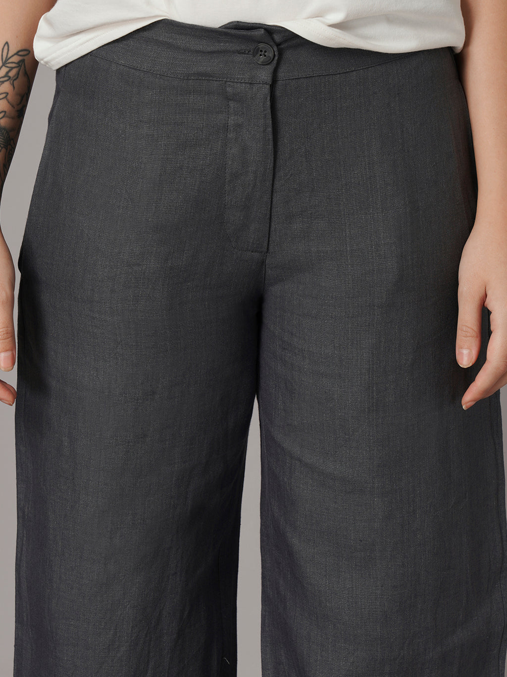 Women's Grey 100% Linen Regular Fit Pant