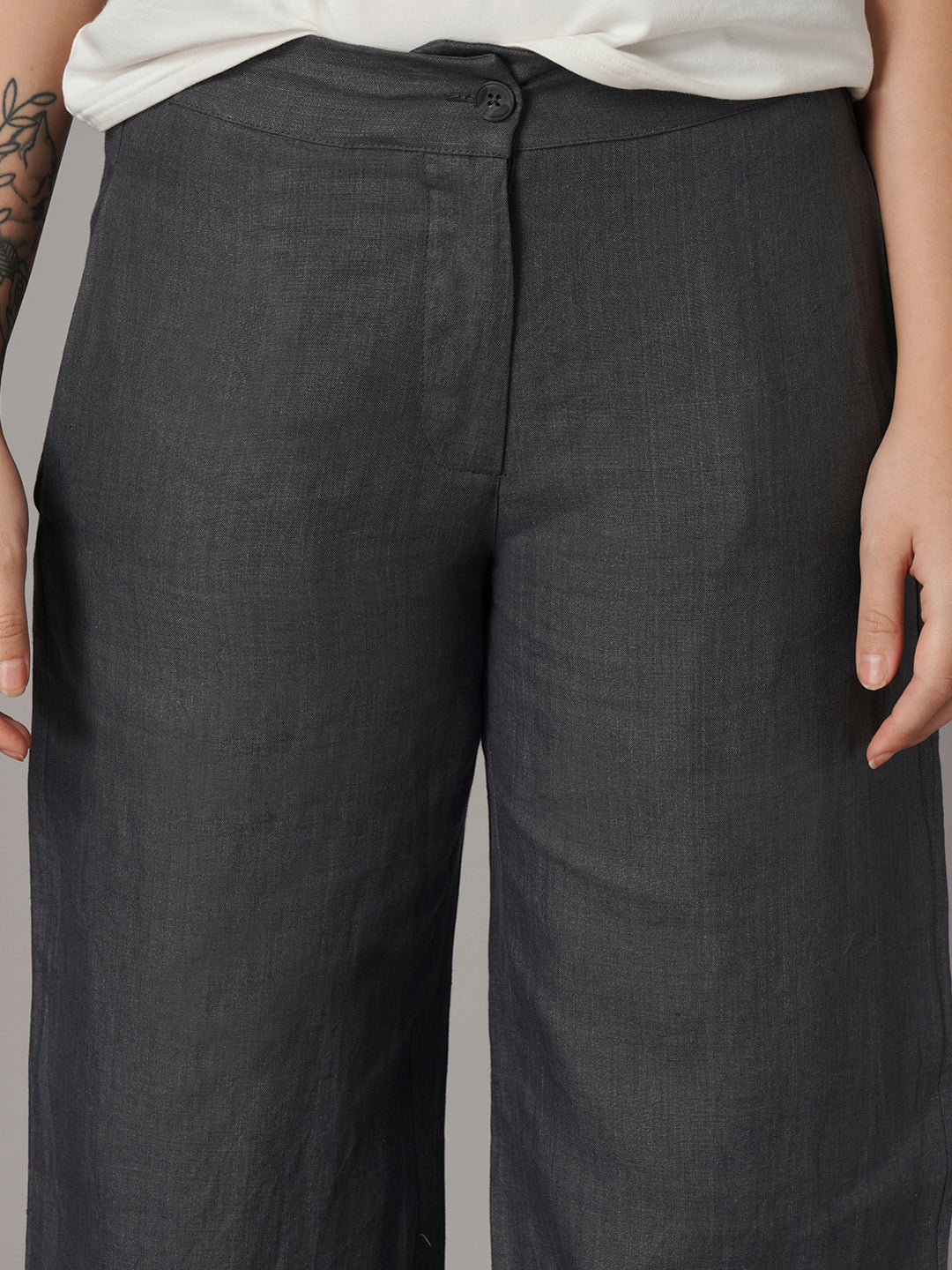 Women's Grey 100% Linen Regular Fit Pant