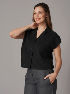 Women's 100% Linen Regular Fit Blouse Black