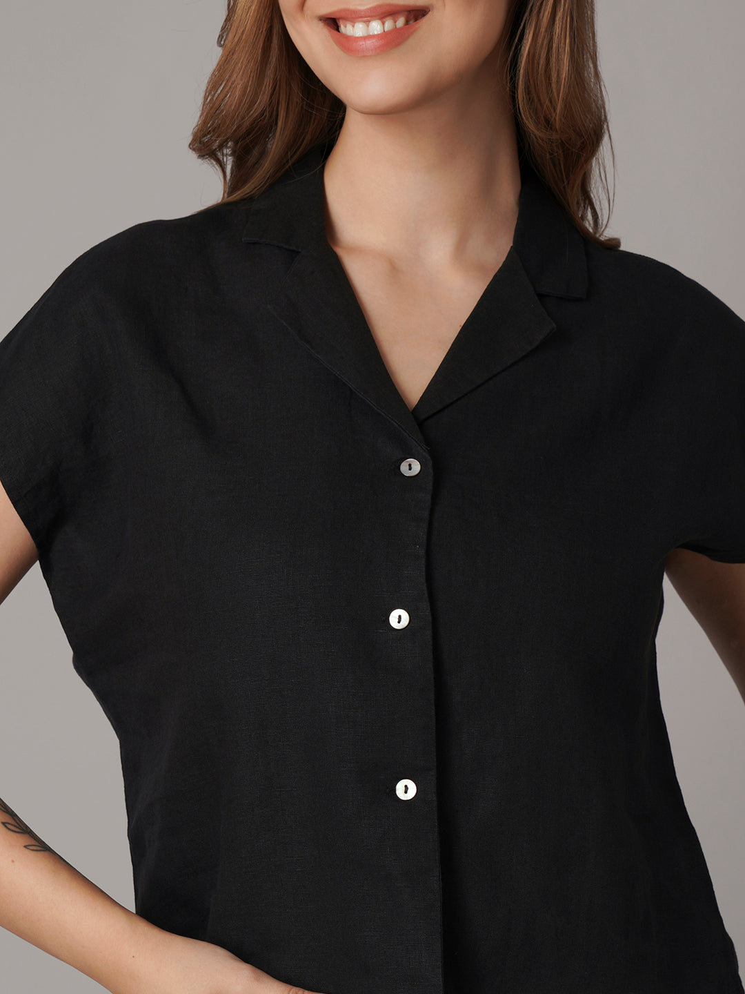 Women's 100% Linen Regular Fit Blouse Black