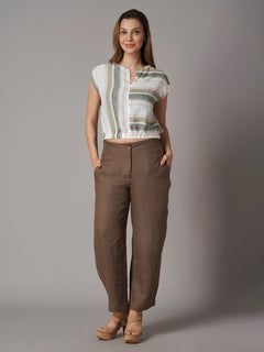 Women's Brown 100% Linen Barrel Leg Pant