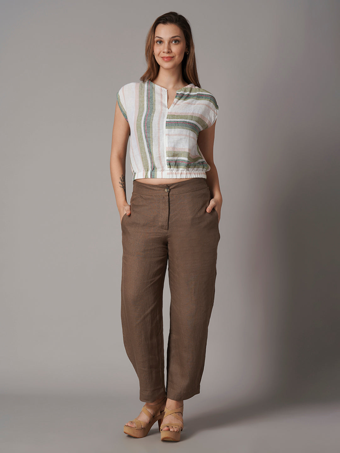 Women's Brown 100% Linen Barrel Leg Pant