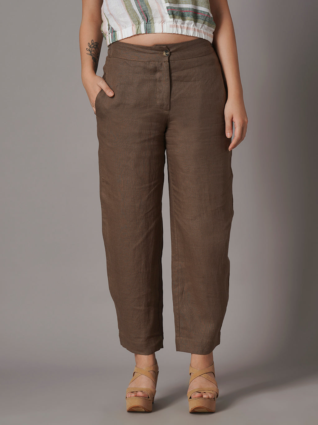 Women's Brown 100% Linen Barrel Leg Pant