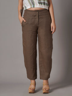 Women's Brown 100% Linen Barrel Leg Pant