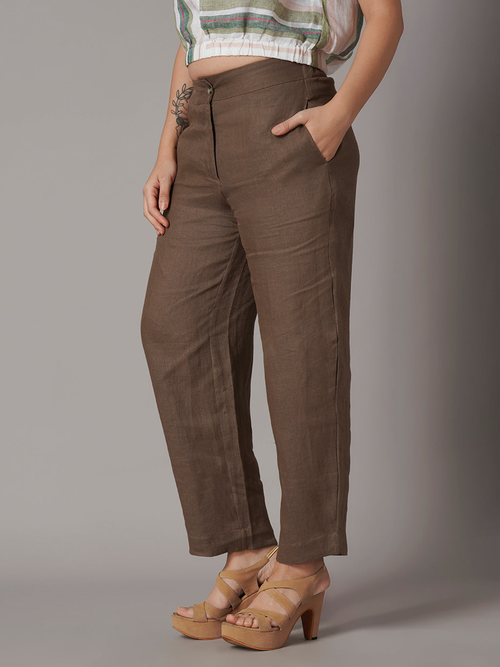 Women's Brown 100% Linen Barrel Leg Pant