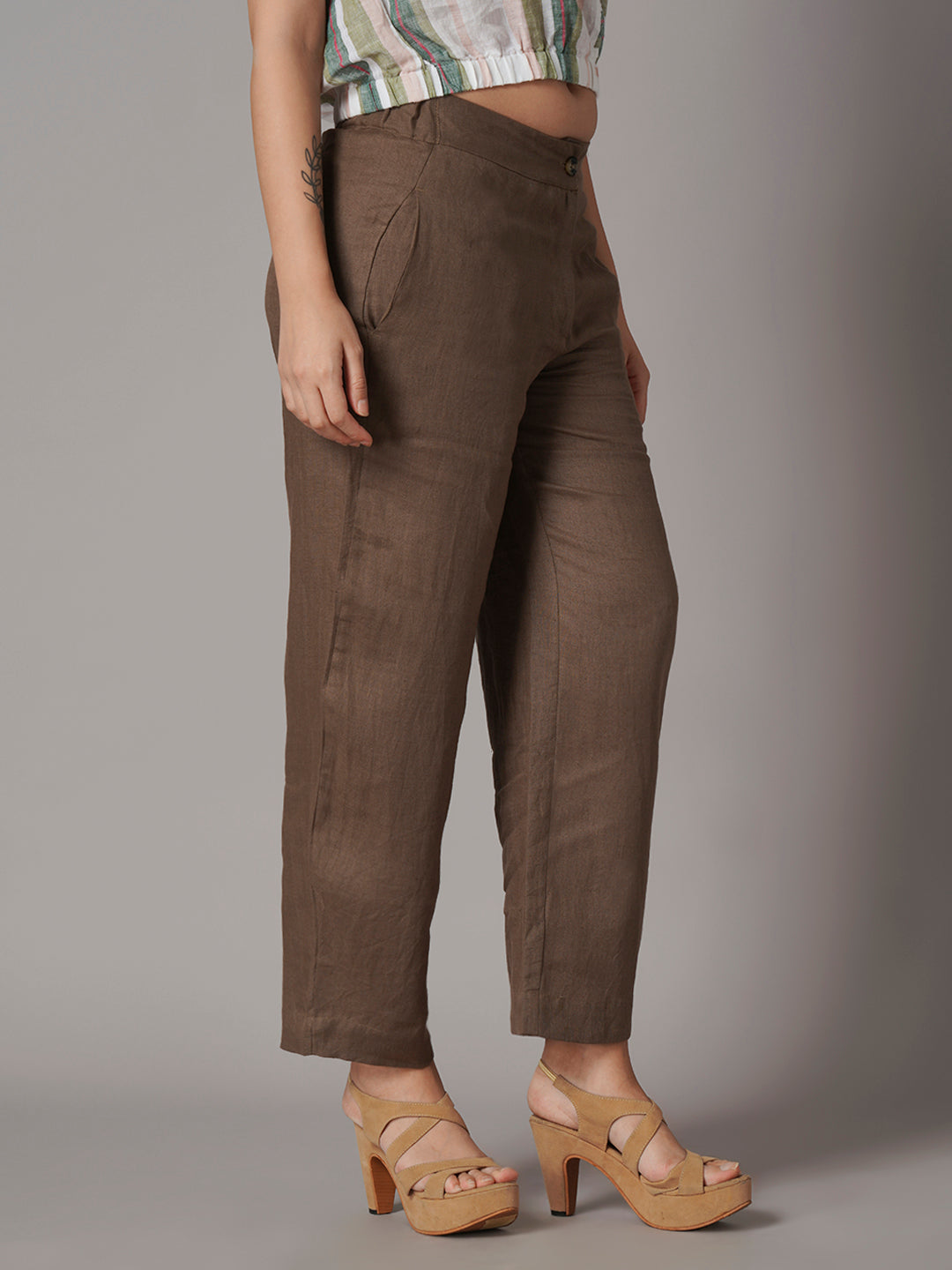 Women's Brown 100% Linen Barrel Leg Pant