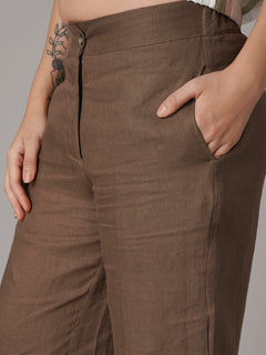 Women's Brown 100% Linen Barrel Leg Pant