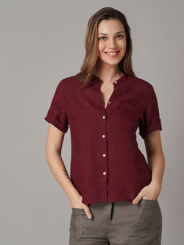 Women's 100% Linen Regular Fit Blouse Maroon