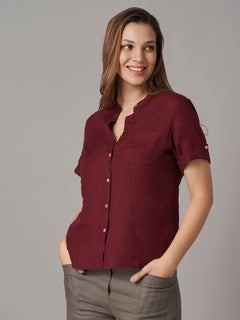 Women's 100% Linen Regular Fit Blouse Maroon