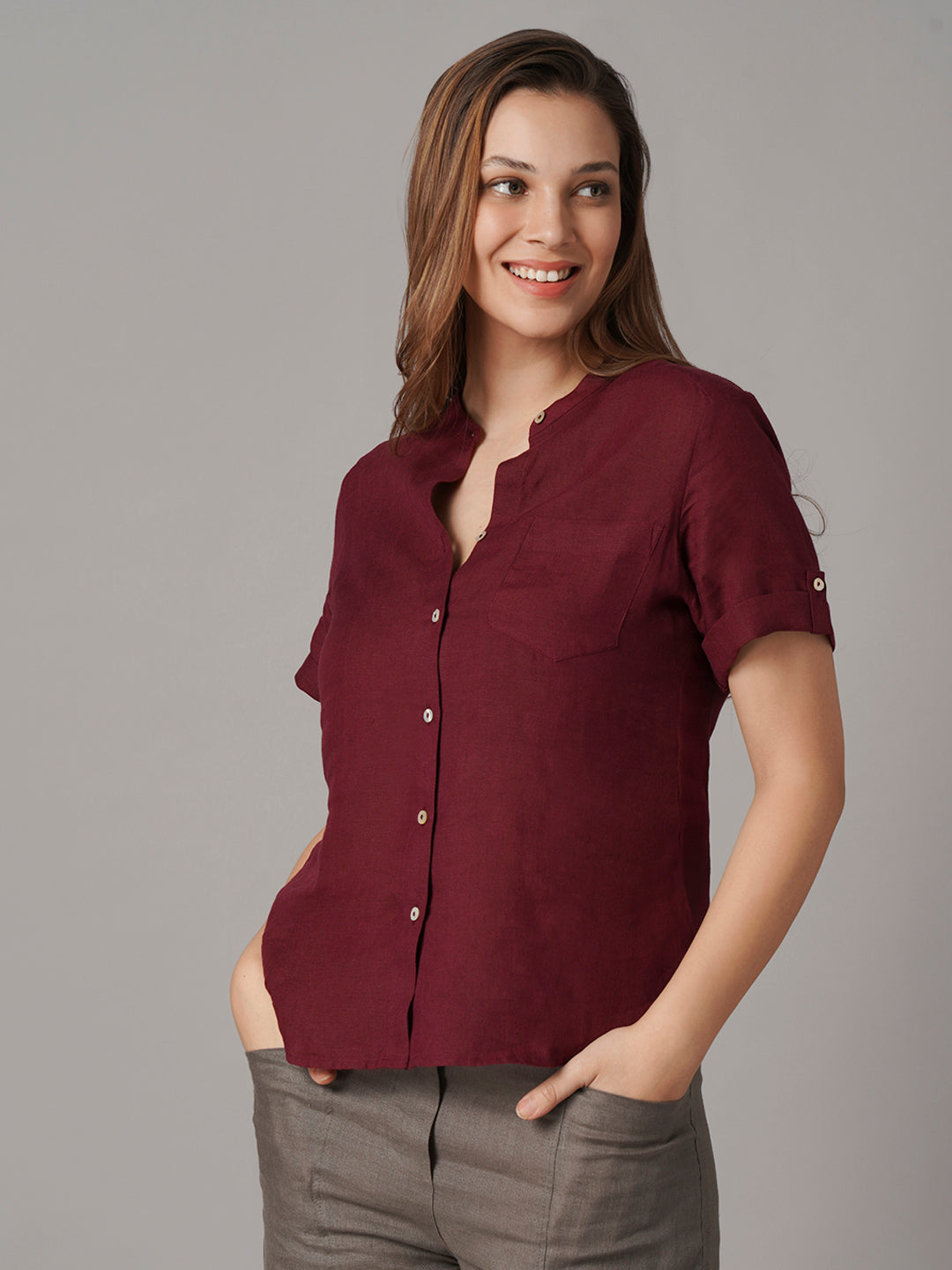 Women's 100% Linen Regular Fit Blouse Maroon