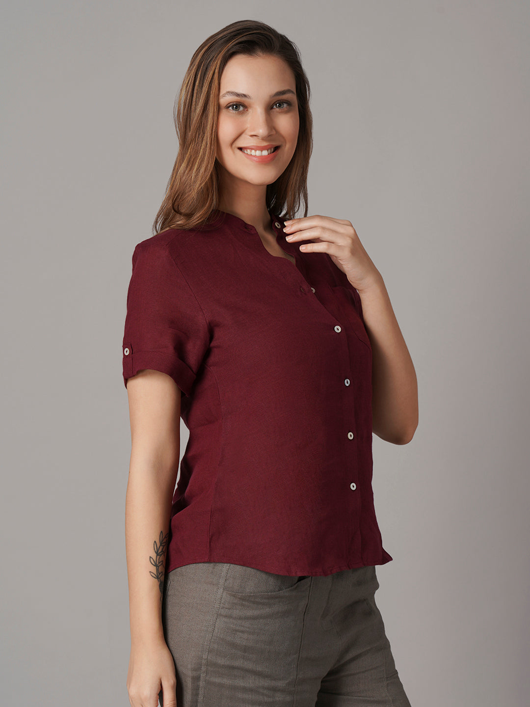 Women's 100% Linen Regular Fit Blouse Maroon
